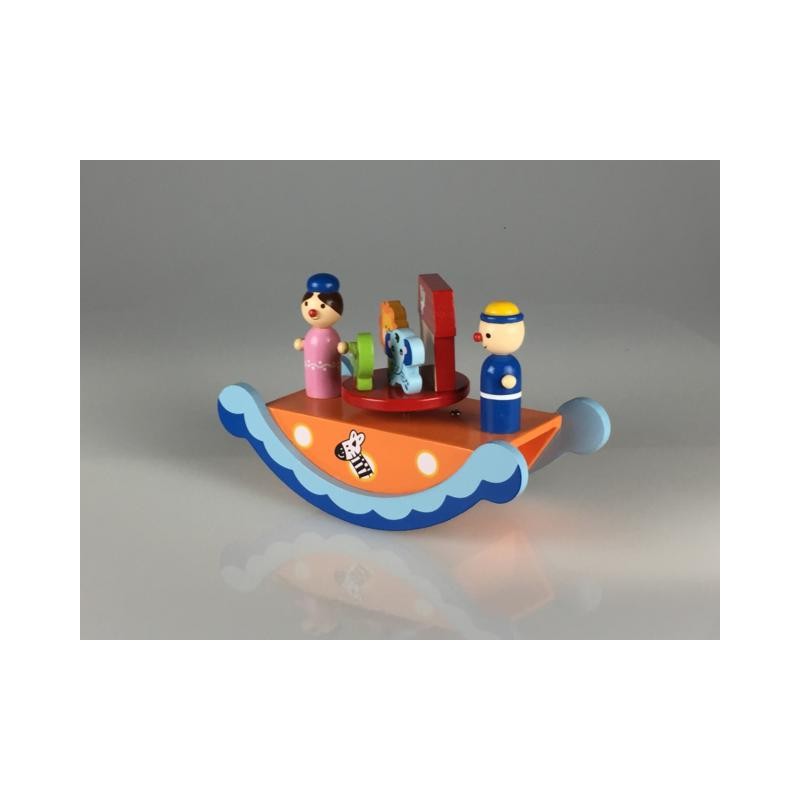 Boîte à musique en bois bascule orange et bleue motif Arche de Noé
